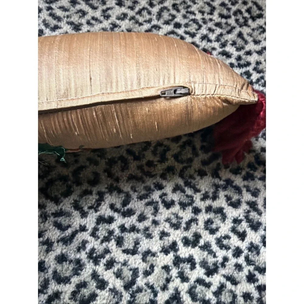 Christmas Deck the Halls Lumbar Pillow Gold Silk Fringe Embroidered VTG 1950s
